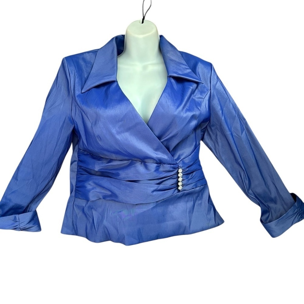 VTG 90’s Y2K J.R. Nites Blue Roushed Dressy Top Blouse Sz 12 Rhinestones Holiday